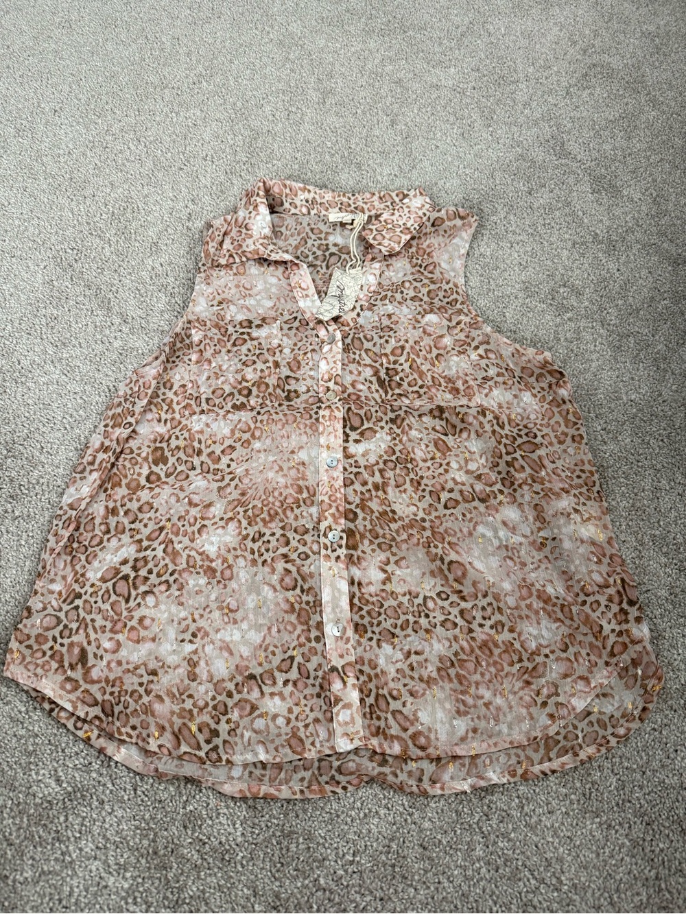 Mystree Sleeveless Sheer Leopard Print Button-Up Blouse - Pink & Brown